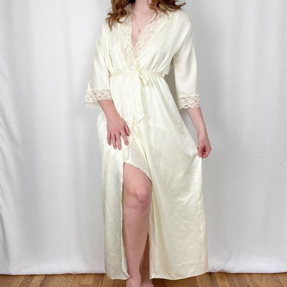 Vintage Silky Nightgown Maxi Slip Dress Set House Coat Robe Mid Century Pajamas - Picture 2 of 9